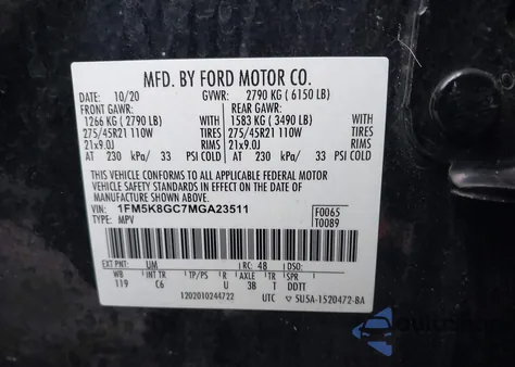 2021 Ford Explorer St из США, поврежденный, VIN 1FM5K8GC7MGA23511